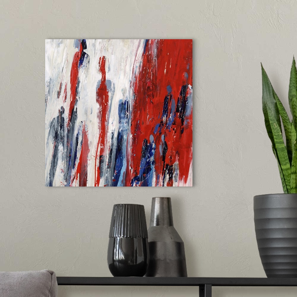 A modern room featuring Abstract painting using deep red against a neutral toned background, with what looks like blue fi...