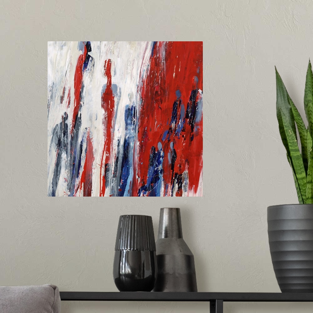 A modern room featuring Abstract painting using deep red against a neutral toned background, with what looks like blue fi...