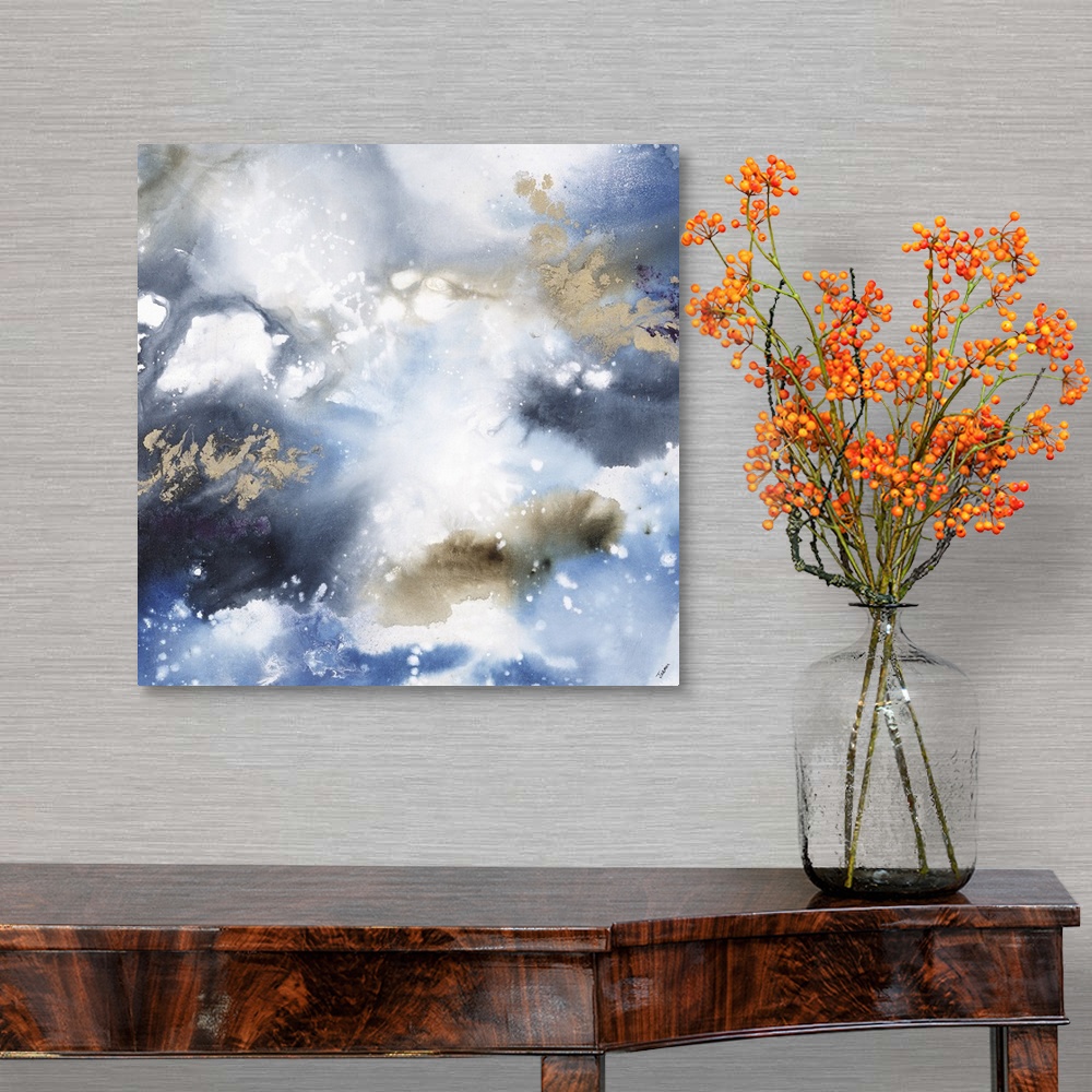 A traditional room featuring Abstract contemporary painting in blue and gold tones, resembling a cloudy sky.