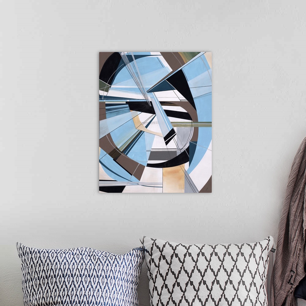 A bohemian room featuring Abstract painting using light blues and neutral colors with thin black lines outlining sections i...