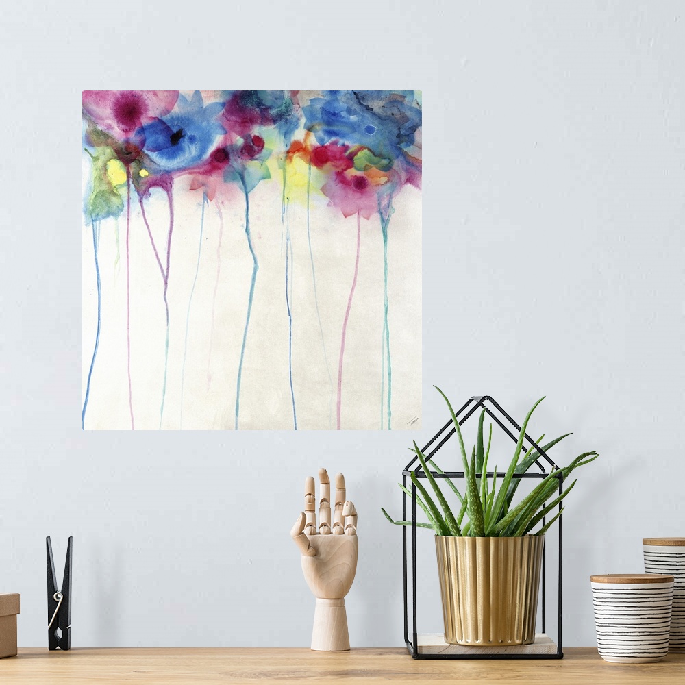 A bohemian room featuring Vibrant, colorful flowers with long stems, in a faded watercolor style.