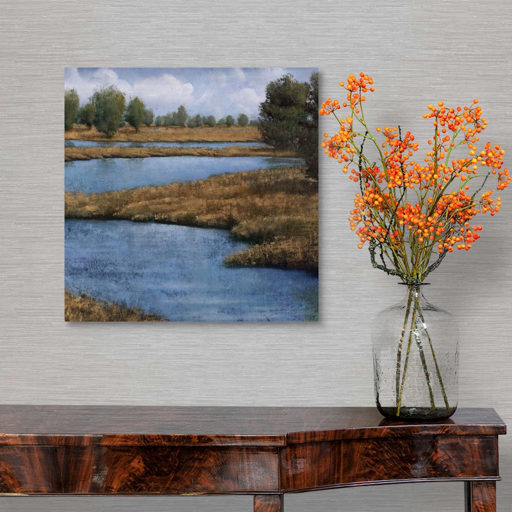 A traditional room featuring Contemporary painting of an idyllic countryside landscape, with a winding river.