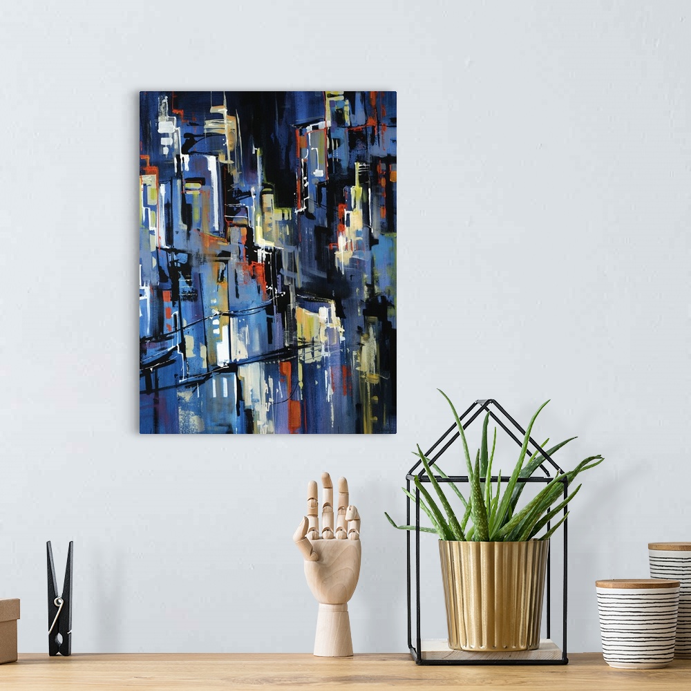 A bohemian room featuring Large, vertical abstract painting in rough brushstrokes of a city packed with brightly lit buildi...
