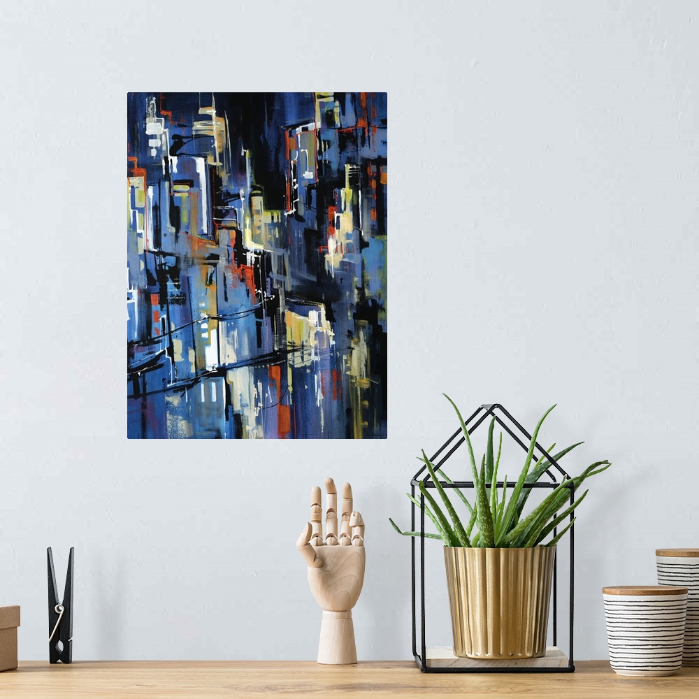 A bohemian room featuring Large, vertical abstract painting in rough brushstrokes of a city packed with brightly lit buildi...