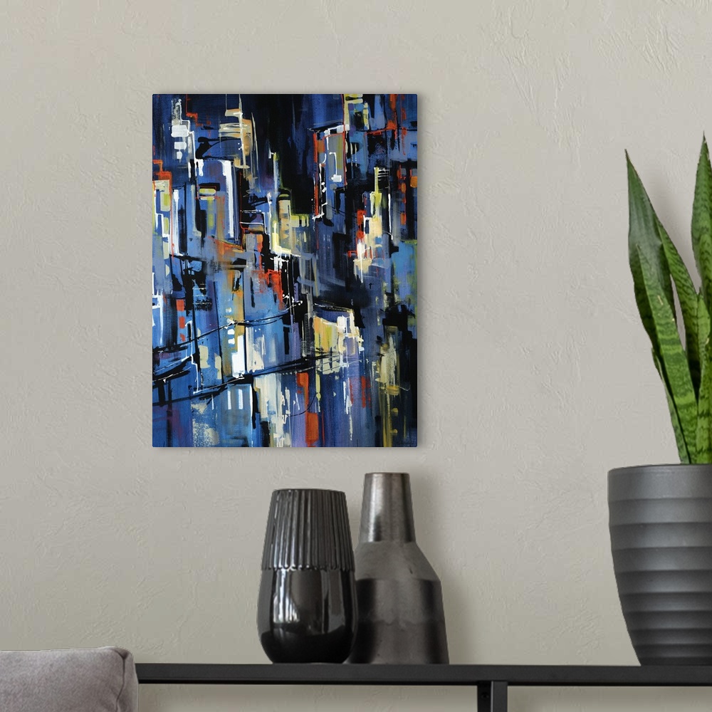 A modern room featuring Large, vertical abstract painting in rough brushstrokes of a city packed with brightly lit buildi...