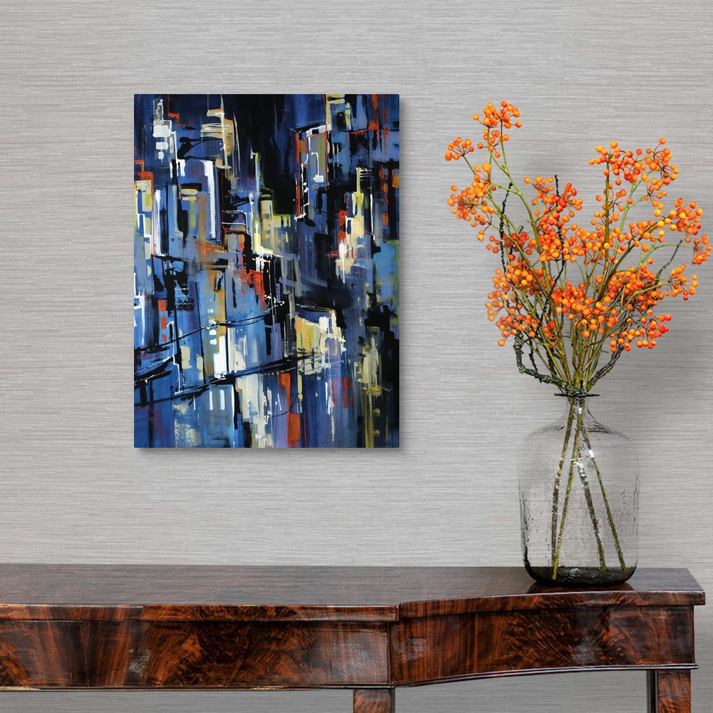 A traditional room featuring Large, vertical abstract painting in rough brushstrokes of a city packed with brightly lit buildi...