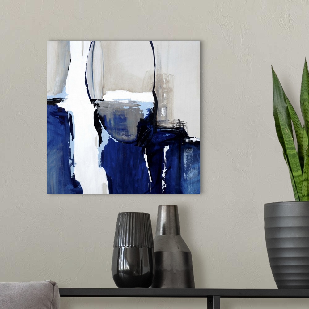 A modern room featuring Contemporary abstract painting using dark blue, white and gray tones.