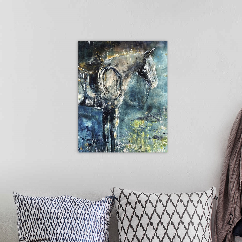 A bohemian room featuring Contemporary painting of a profile of a horse wearing a saddle and reins.