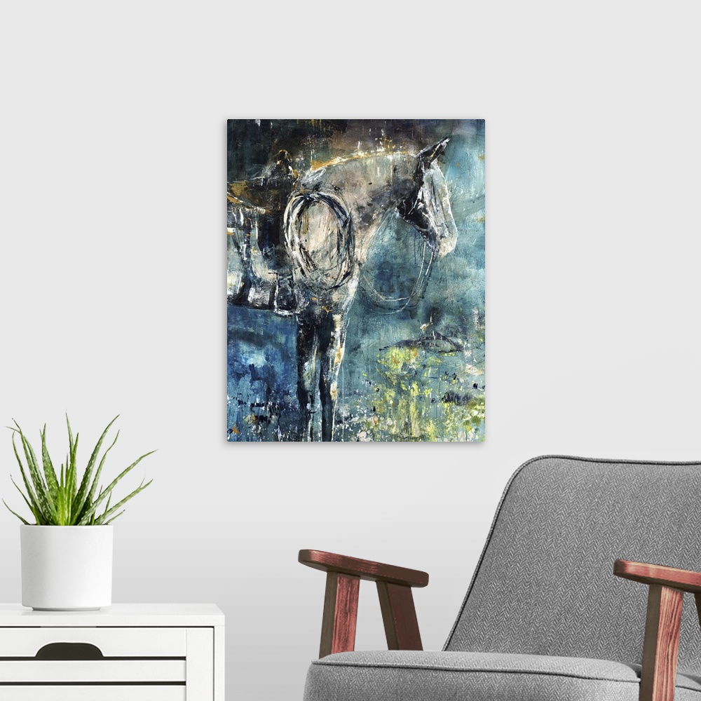 A modern room featuring Contemporary painting of a profile of a horse wearing a saddle and reins.