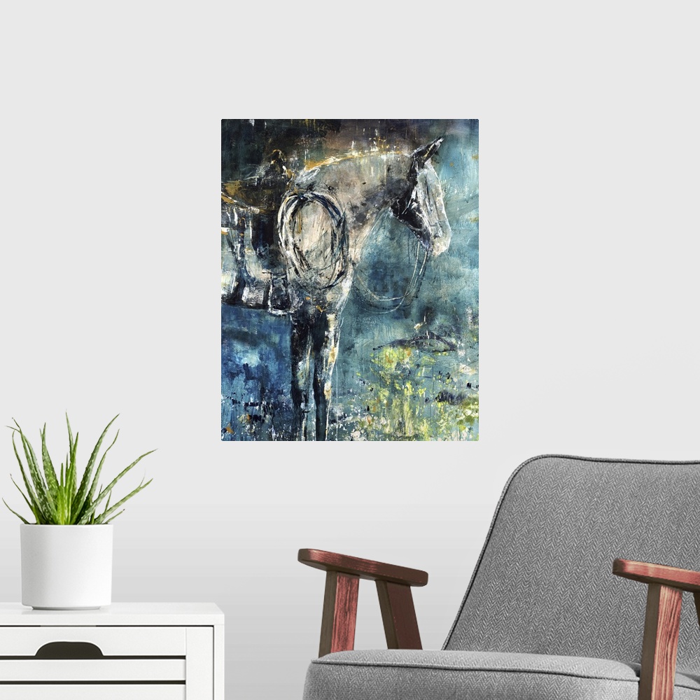 A modern room featuring Contemporary painting of a profile of a horse wearing a saddle and reins.