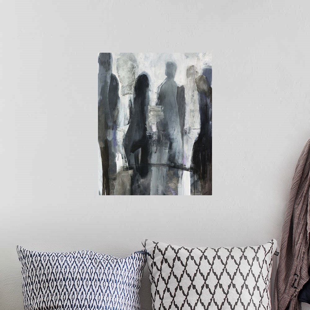A bohemian room featuring Abstract painting of a group of standing human silhouettes in various shades of grey, on a bright...