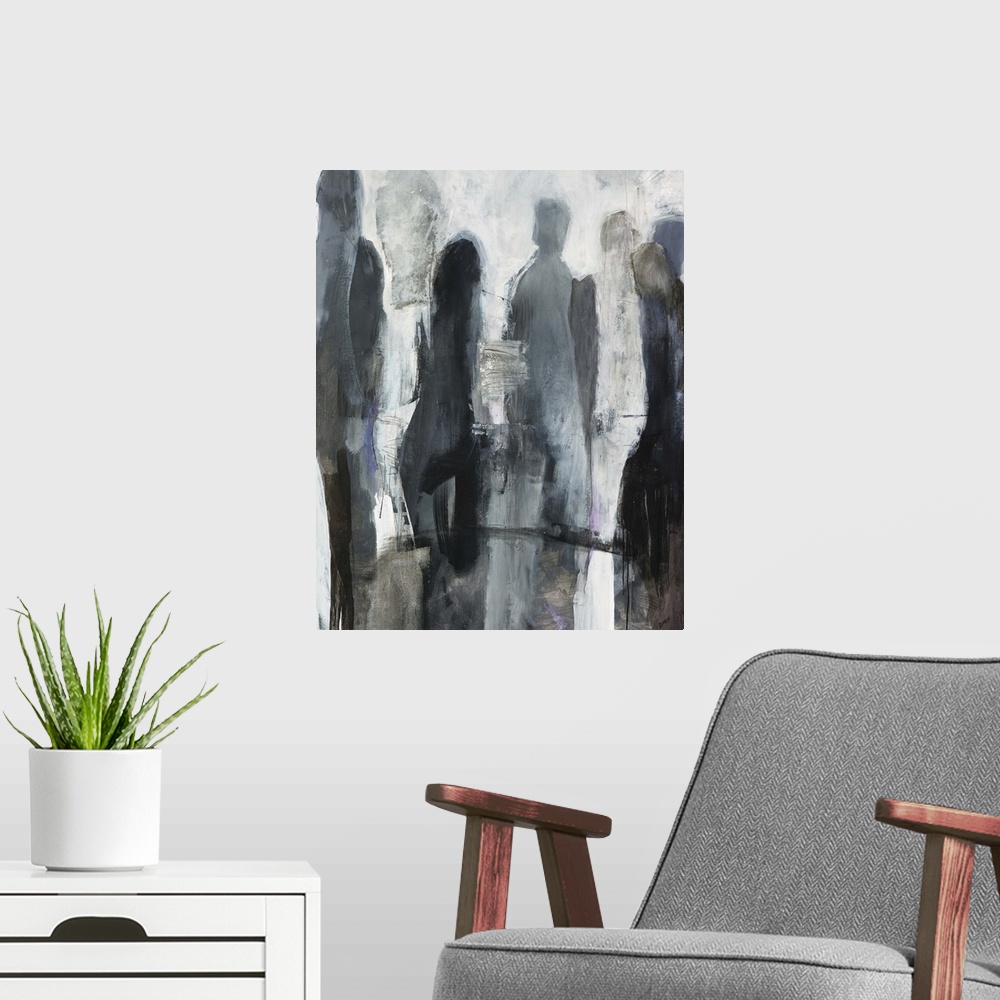 A modern room featuring Abstract painting of a group of standing human silhouettes in various shades of grey, on a bright...