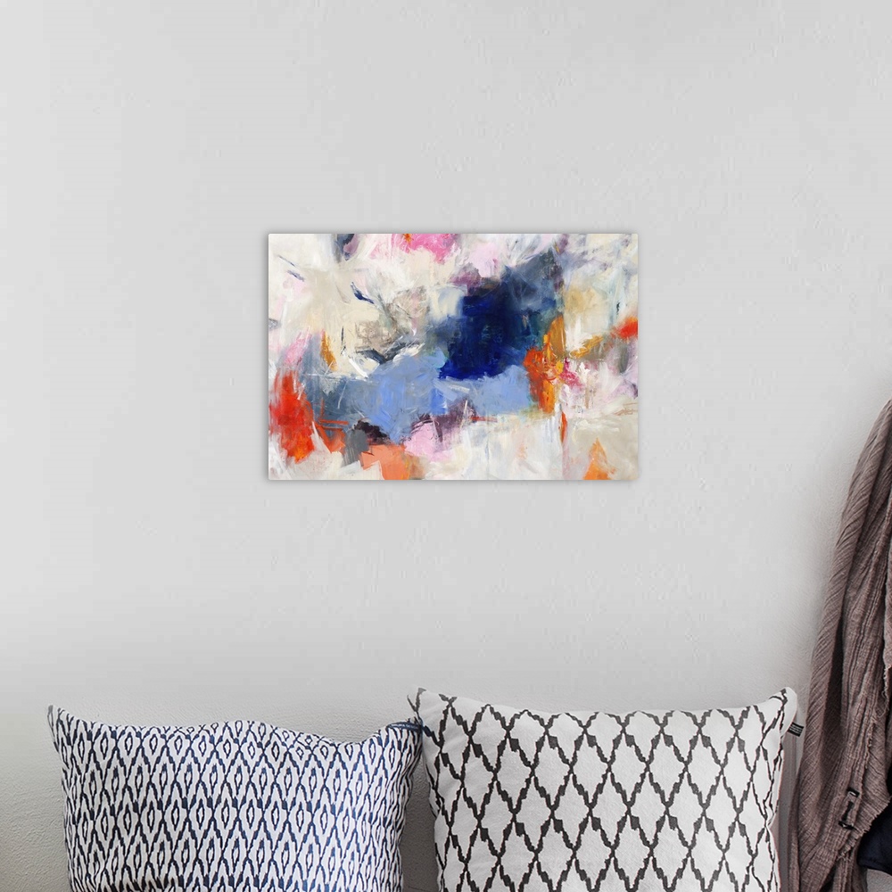 A bohemian room featuring Large abstract painting with vibrant colors in clusters on top of a white, gray, and beige backgr...