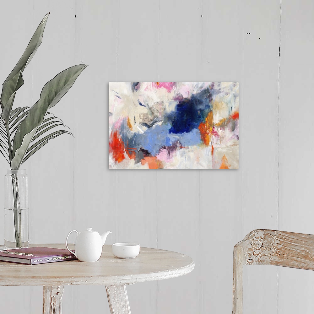 A farmhouse room featuring Large abstract painting with vibrant colors in clusters on top of a white, gray, and beige backgr...