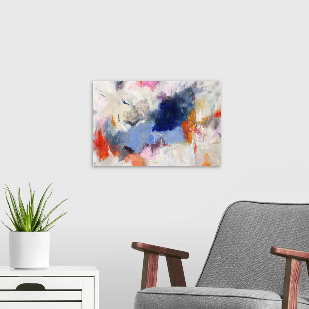 A modern room featuring Large abstract painting with vibrant colors in clusters on top of a white, gray, and beige backgr...