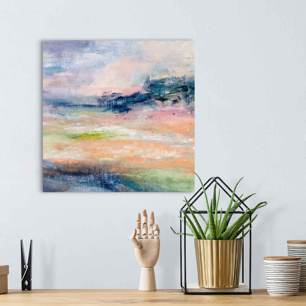 A bohemian room featuring Colorful square abstract artwork in calming hues.