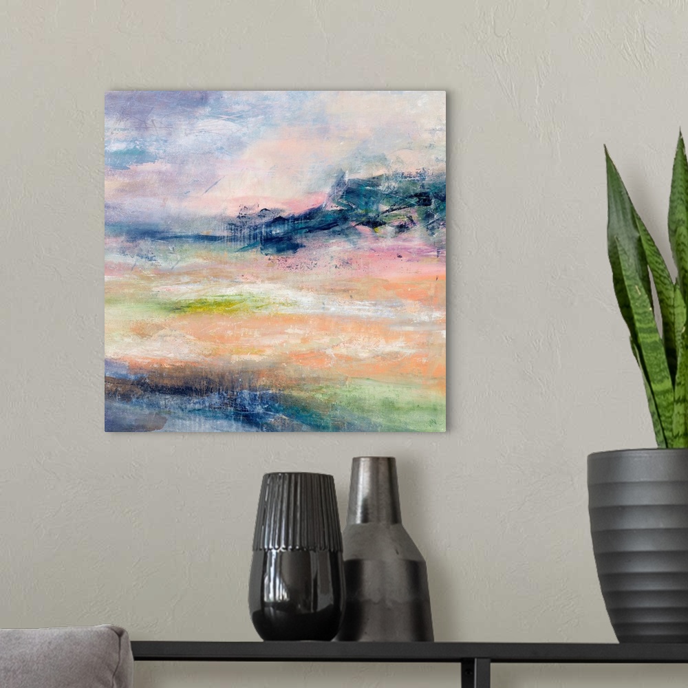 A modern room featuring Colorful square abstract artwork in calming hues.