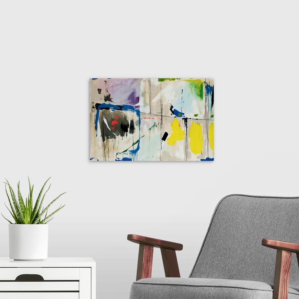 A modern room featuring Abstract painting of brightly colored square and rectangular shapes that are divided by thin drip...