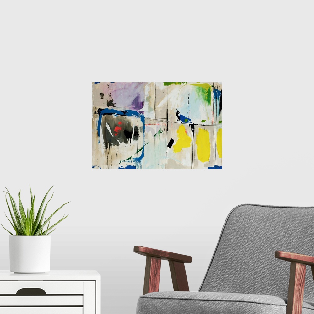 A modern room featuring Abstract painting of brightly colored square and rectangular shapes that are divided by thin drip...