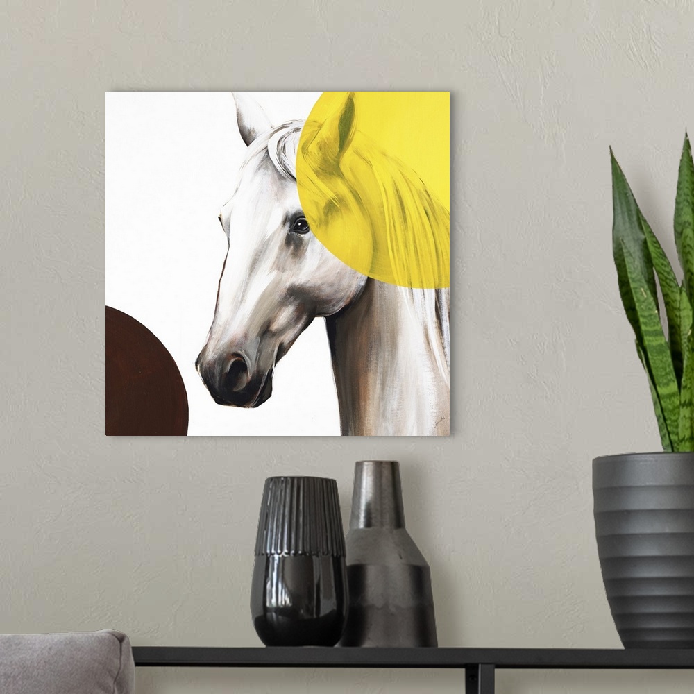 A modern room featuring Square artwork with a white and brown toned horse and two large circles in the corners, one yello...