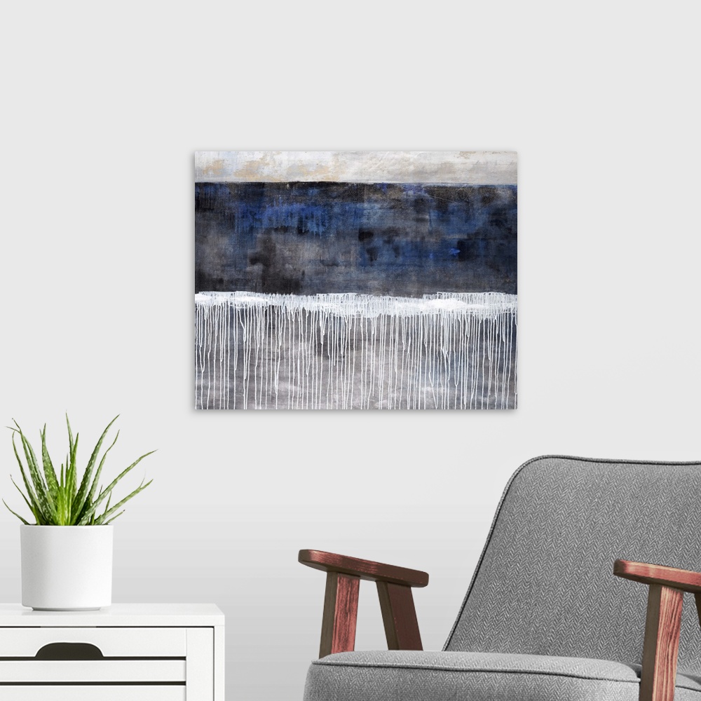 A modern room featuring Contemporary abstract painting of a blue background with a line of white paint in the middle of t...