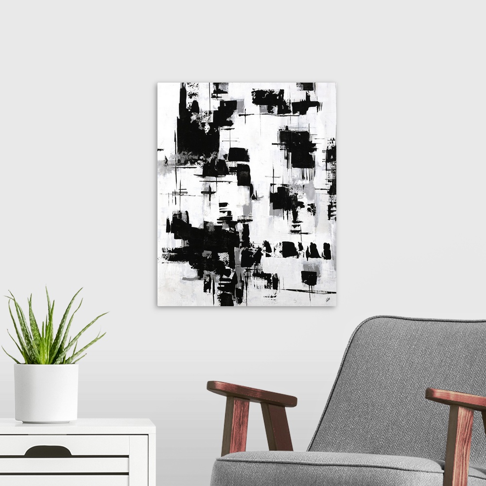 A modern room featuring Black and white abstract painting with grey shadows.