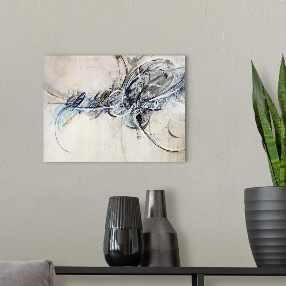 A modern room featuring Contemporary abstract painting in quick brush strokes in black and white, showing movement.