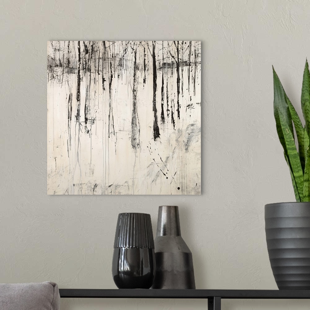 A modern room featuring Abstract painting of a dense forest of thin trees with no leaves and a foreground covered in a th...