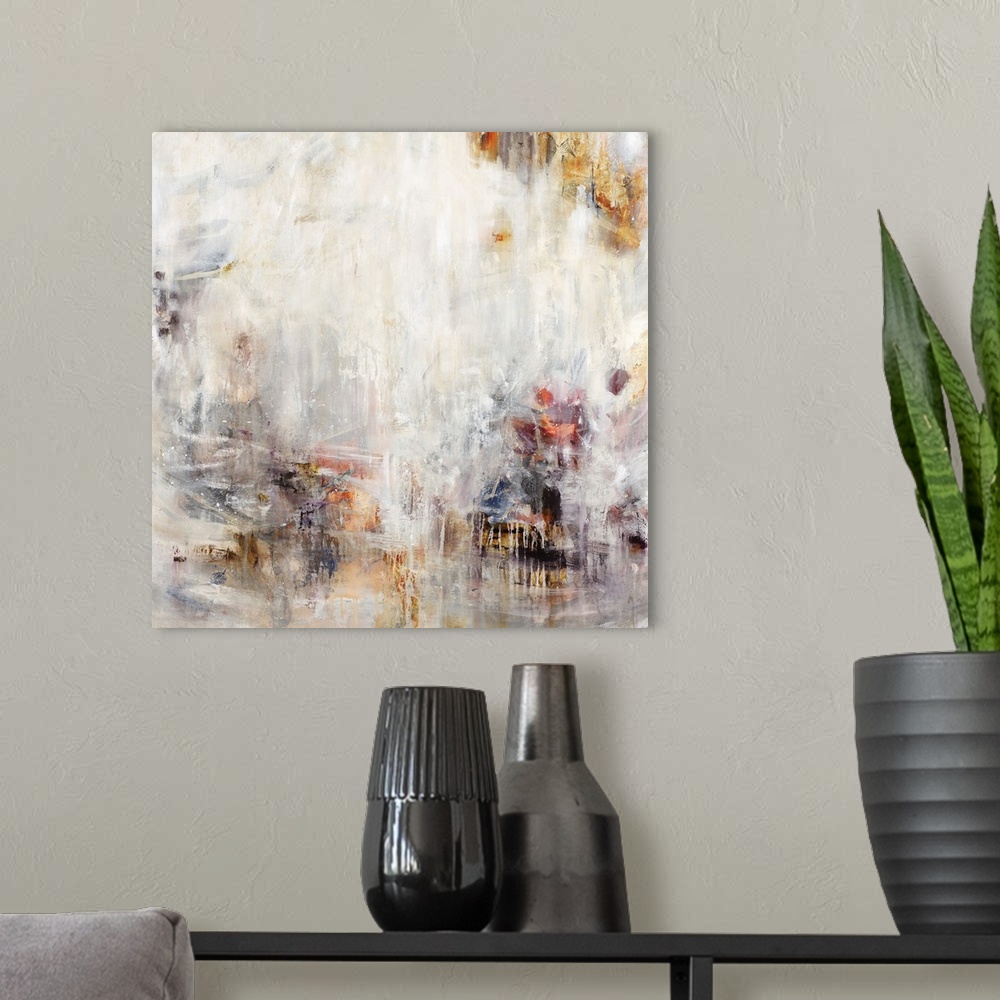 A modern room featuring Square abstract art with sporadic color and a white and neutral overlay.