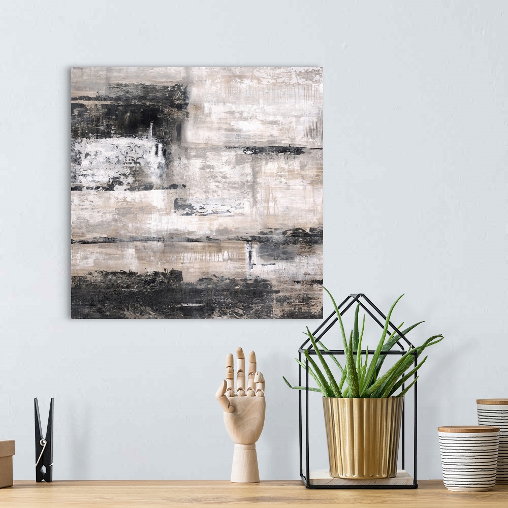 A bohemian room featuring Abstract painting using light colors against dark colors in horizontal rectangles, almost appeari...