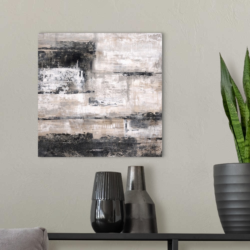 A modern room featuring Abstract painting using light colors against dark colors in horizontal rectangles, almost appeari...