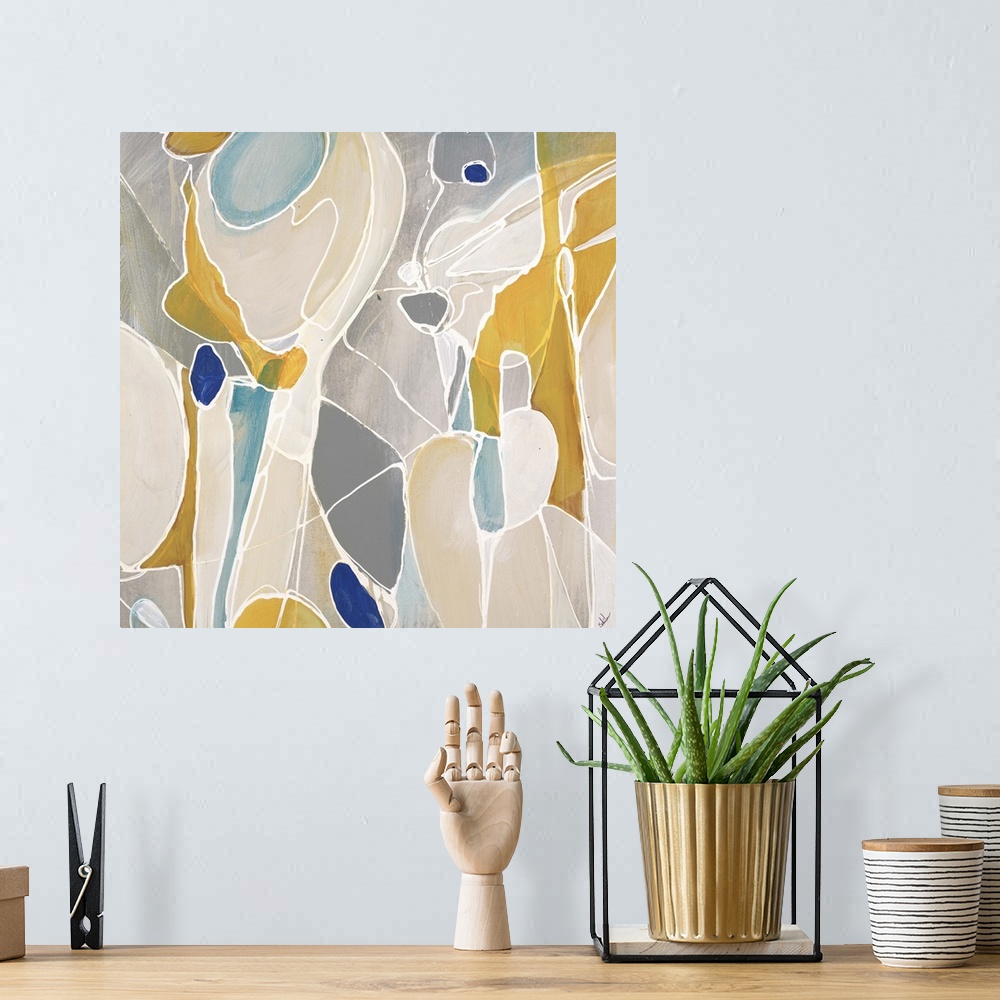 A bohemian room featuring Abstract painting of rounded shapes and sections of various soft tones divided by thin white line...