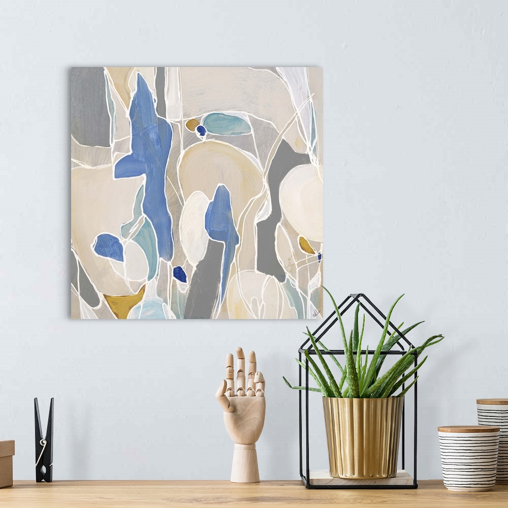 A bohemian room featuring Abstract painting of rounded shapes and sections of various soft tones divided by thin white line...