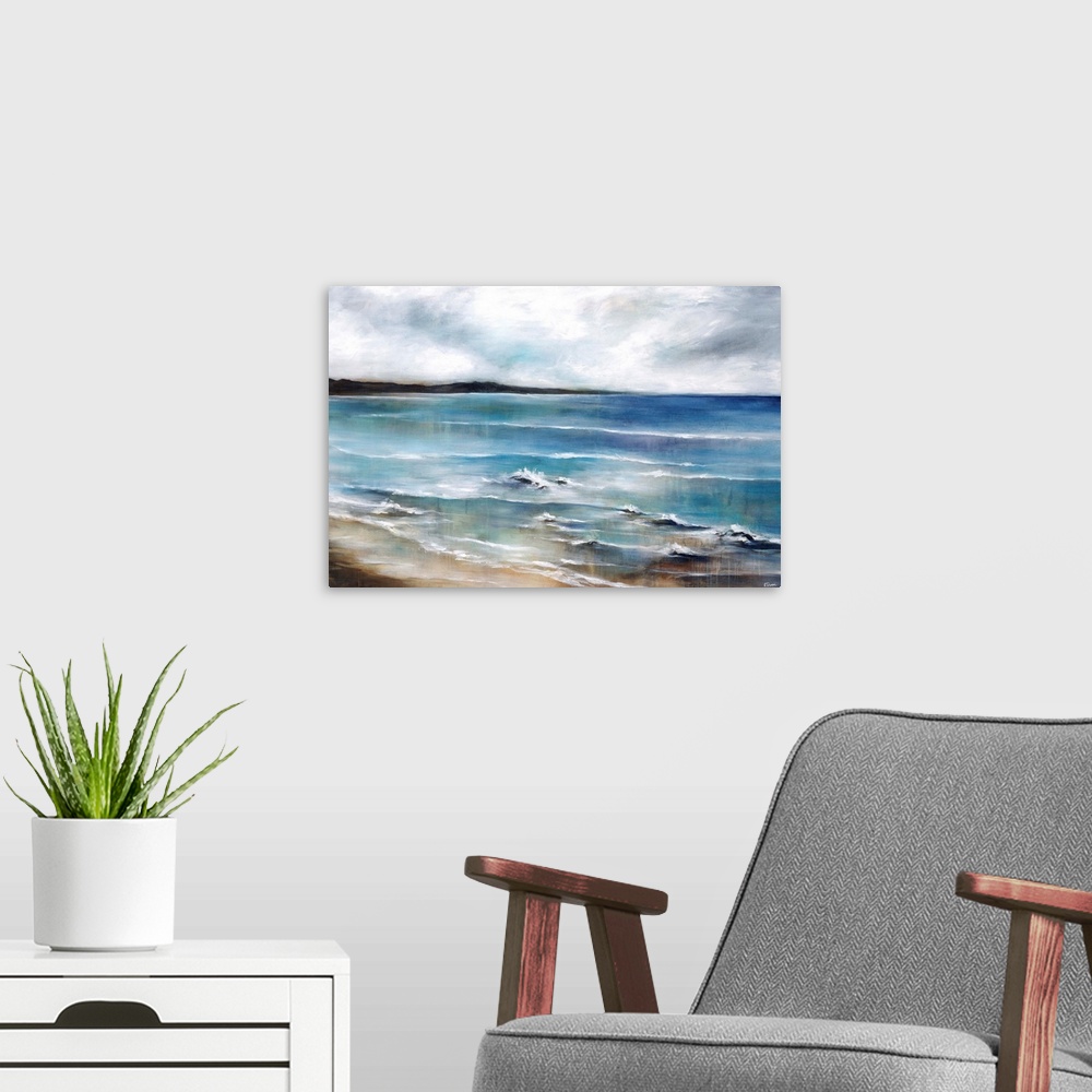 A modern room featuring Contemporary seascape painting of shallow waves on the beach.