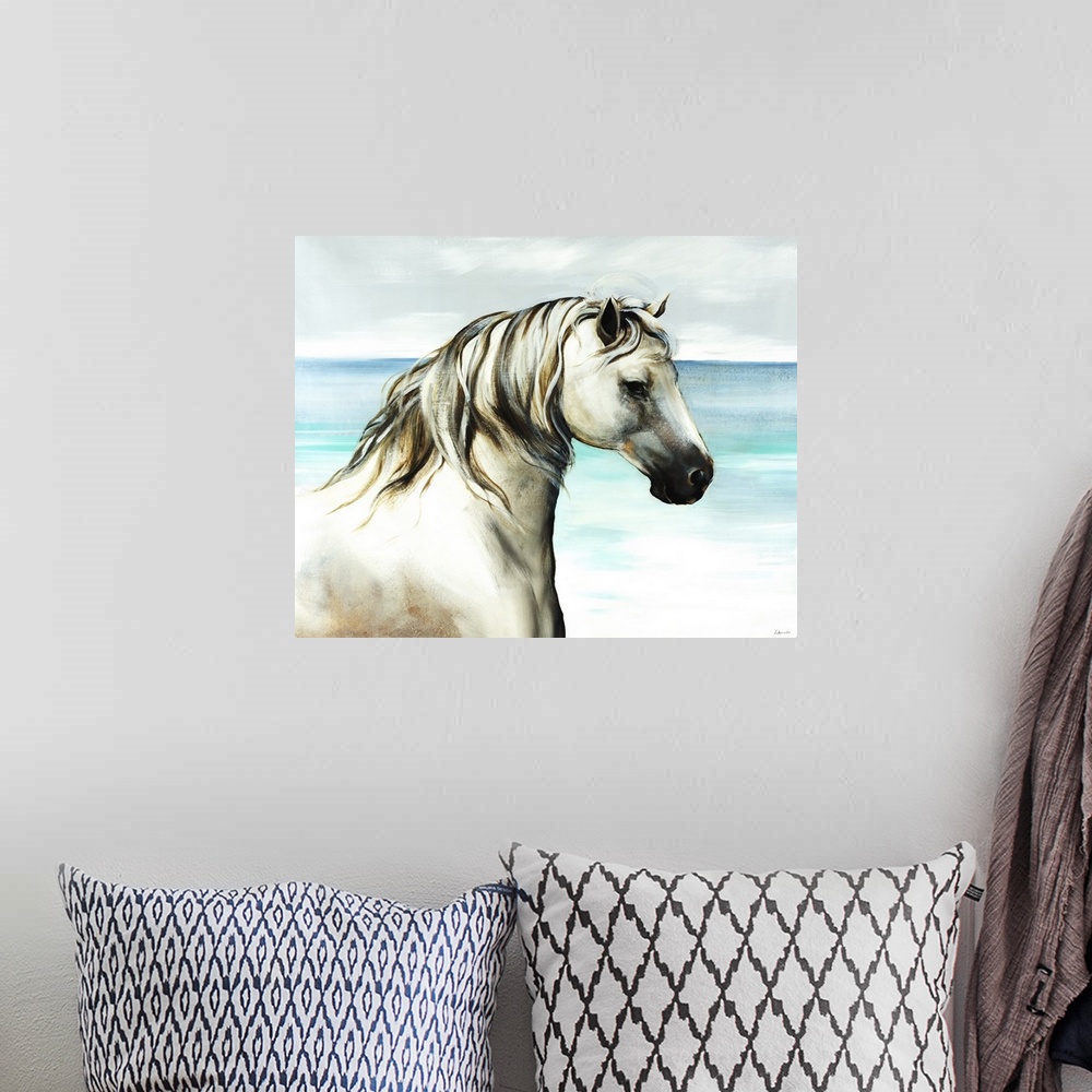 A bohemian room featuring Up-close painting of horse with ocean in the background.
