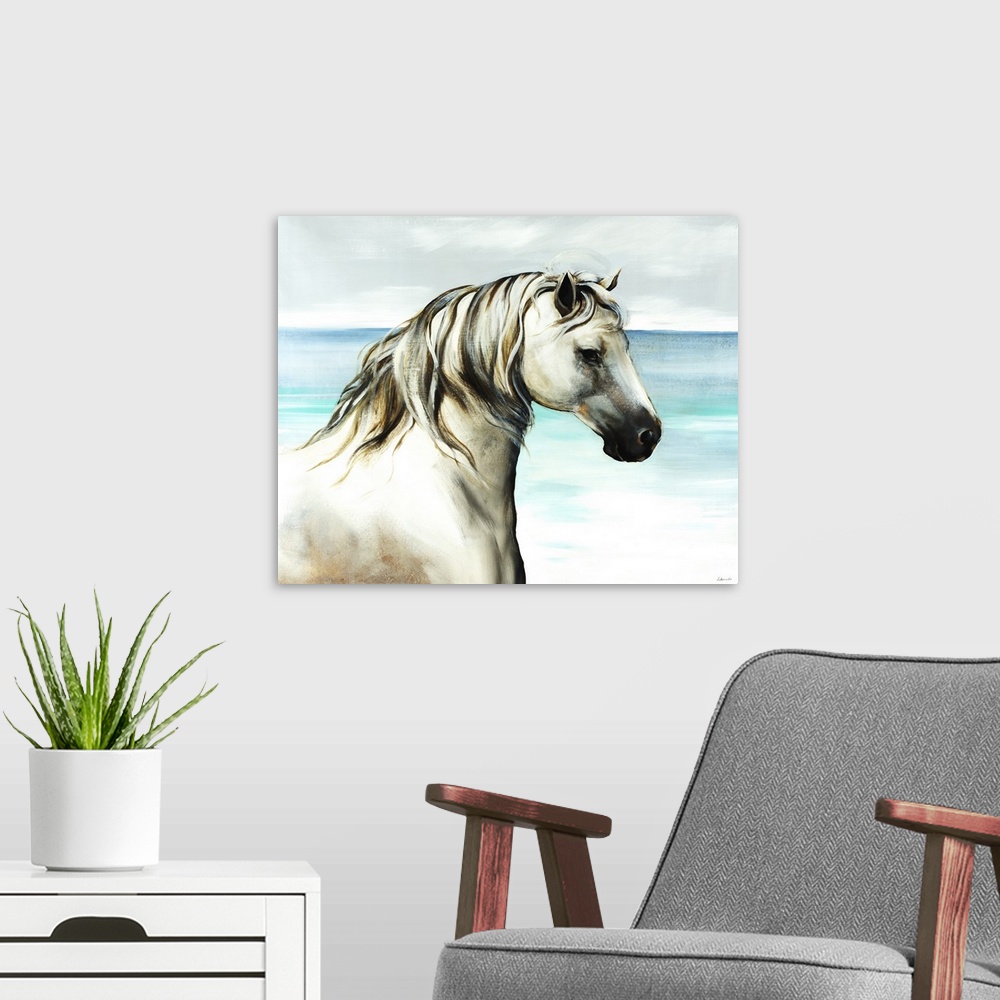 A modern room featuring Up-close painting of horse with ocean in the background.