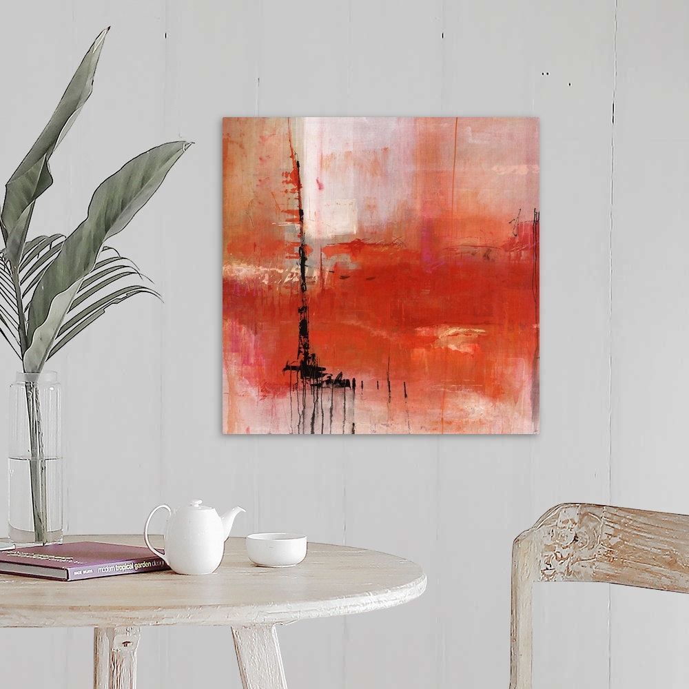 A farmhouse room featuring Abstract painting of deep red and pale red tones, with a harsh black stroke off to the left.