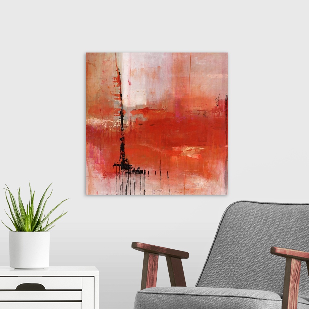 A modern room featuring Abstract painting of deep red and pale red tones, with a harsh black stroke off to the left.