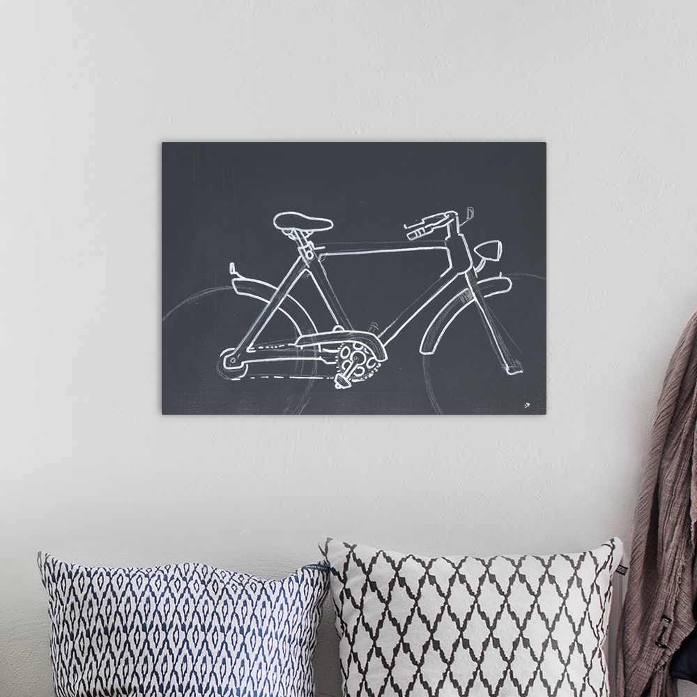 A bohemian room featuring A subdued painting of a bicycle outlined in white against a gray backdrop.