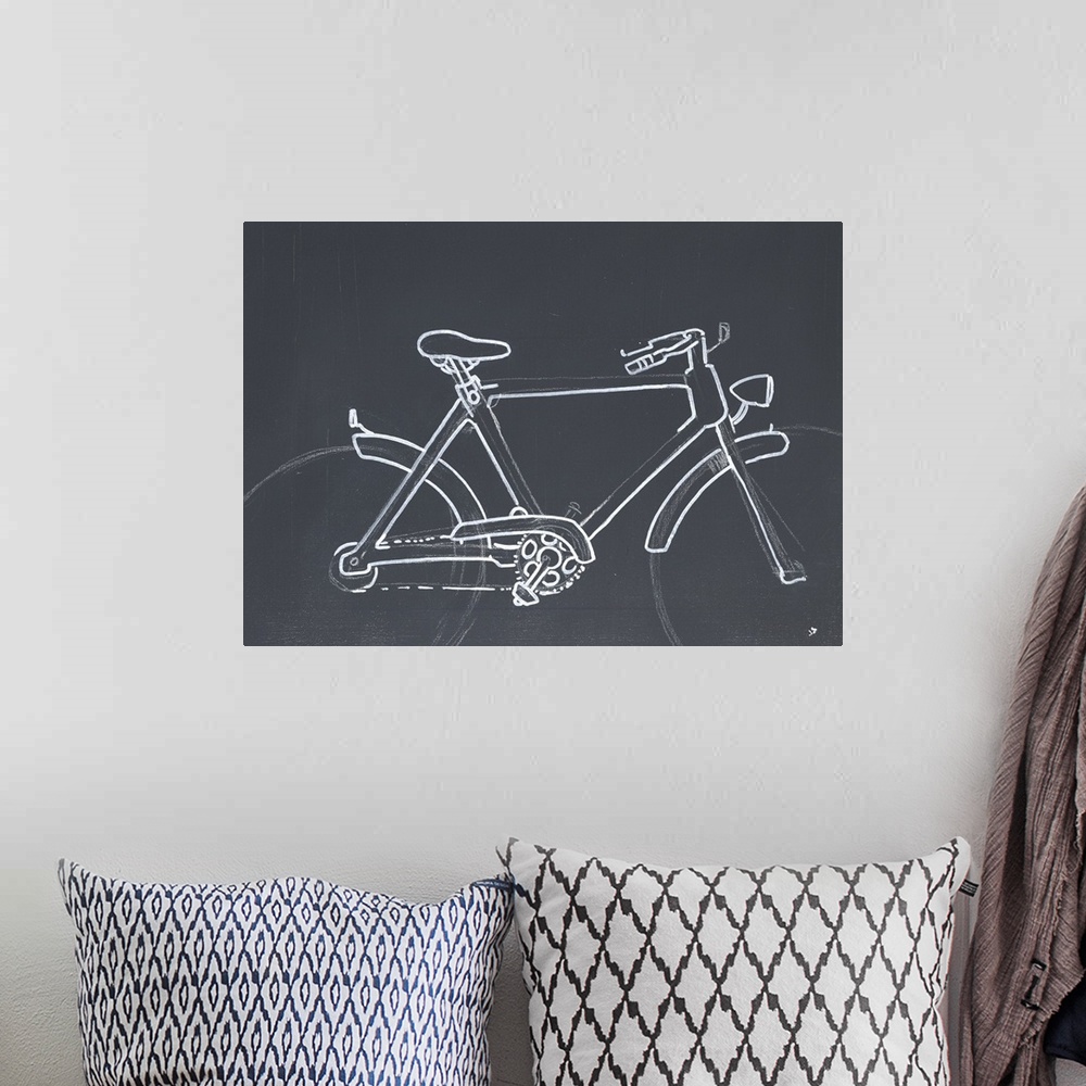 A bohemian room featuring A subdued painting of a bicycle outlined in white against a gray backdrop.