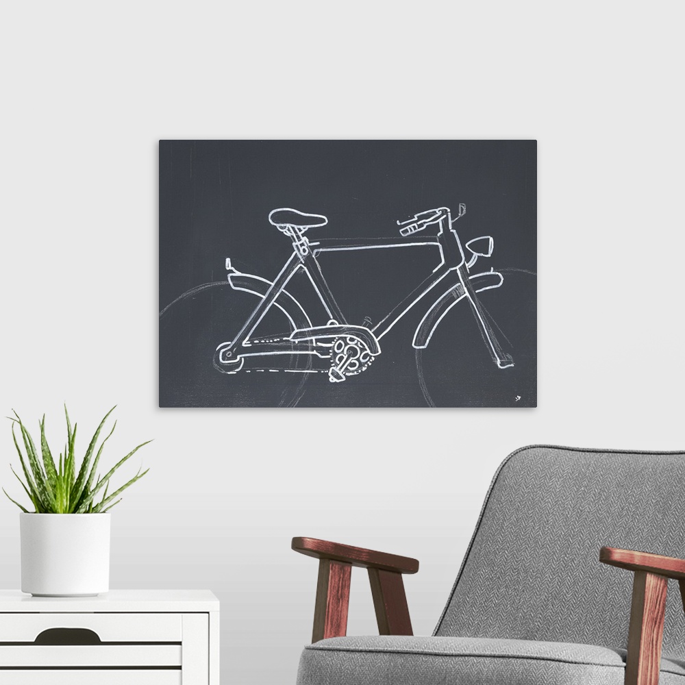 A modern room featuring A subdued painting of a bicycle outlined in white against a gray backdrop.