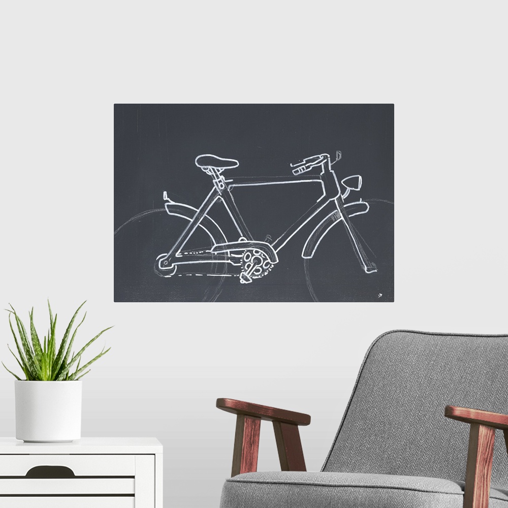 A modern room featuring A subdued painting of a bicycle outlined in white against a gray backdrop.