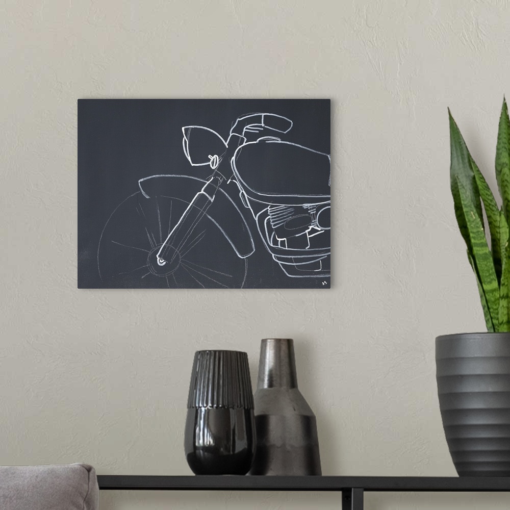 A modern room featuring A subdued painting of a motorcycle outlined in white against a gray backdrop.