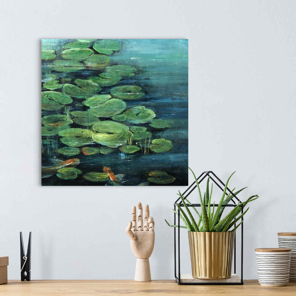 A bohemian room featuring Contemporary artwork of a pond covered with lily pads and two orange koi fish swimming underneath.
