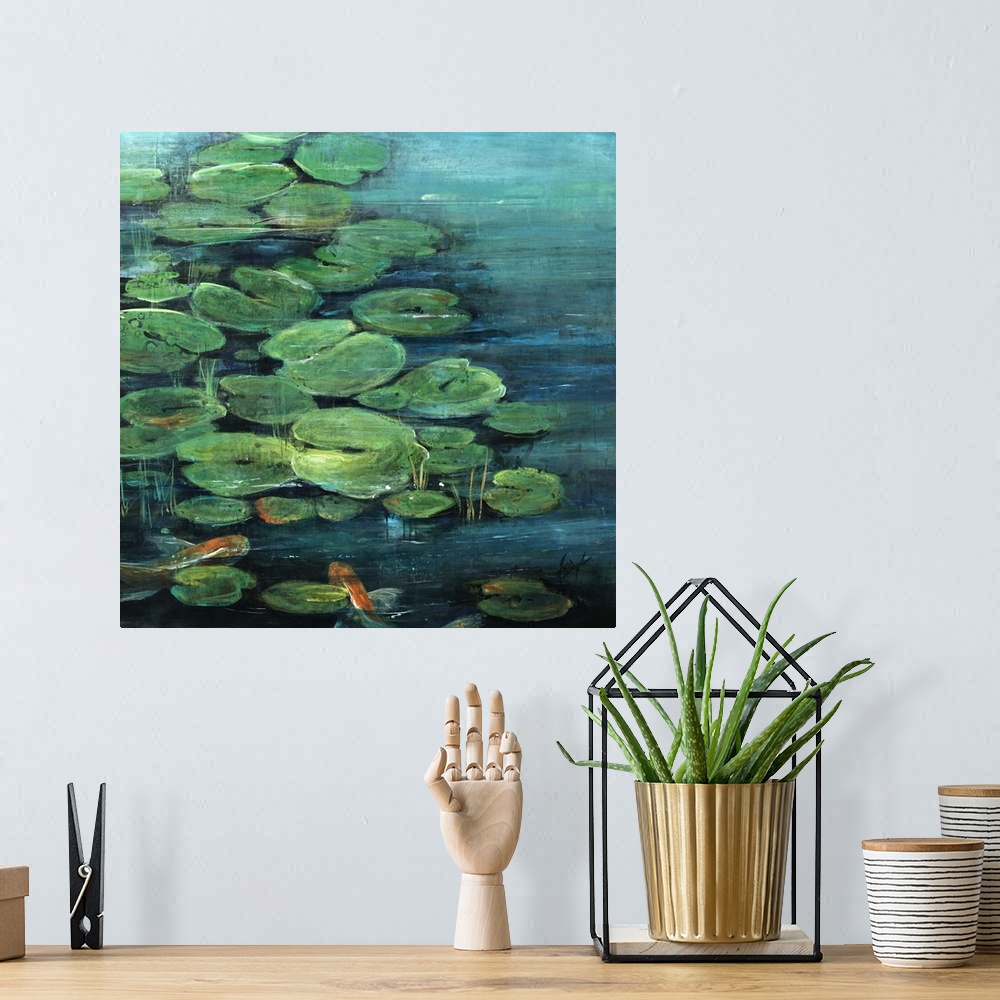 A bohemian room featuring Contemporary artwork of a pond covered with lily pads and two orange koi fish swimming underneath.