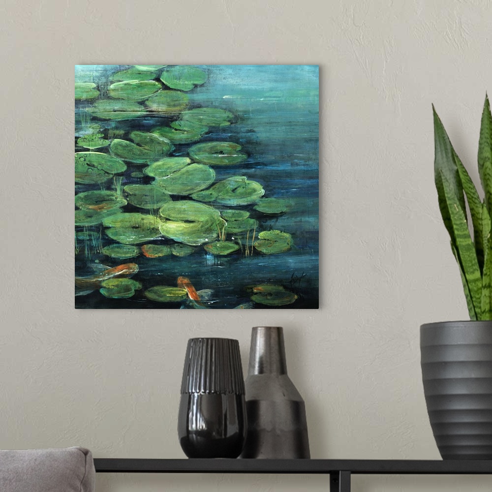 A modern room featuring Contemporary artwork of a pond covered with lily pads and two orange koi fish swimming underneath.