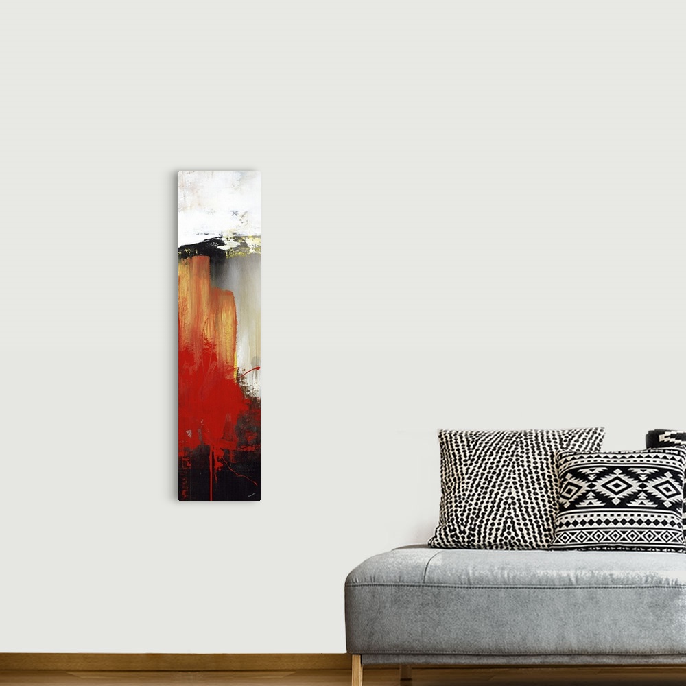 A bohemian room featuring Large vertical abstract painting with bold strokes of paint in orange, red and black.