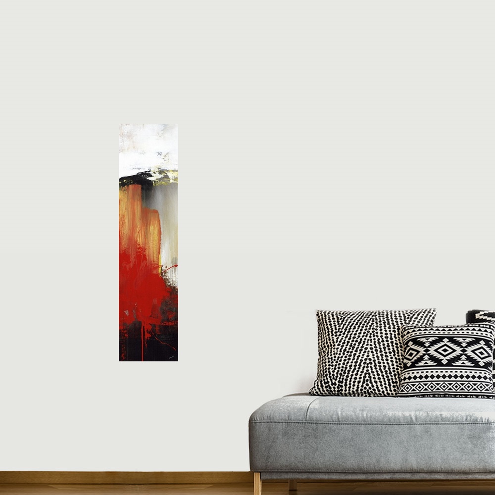 A bohemian room featuring Large vertical abstract painting with bold strokes of paint in orange, red and black.
