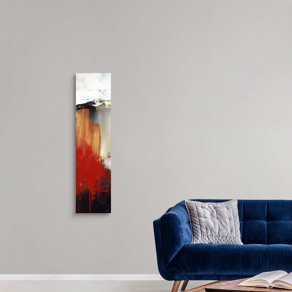 A modern room featuring Large vertical abstract painting with bold strokes of paint in orange, red and black.