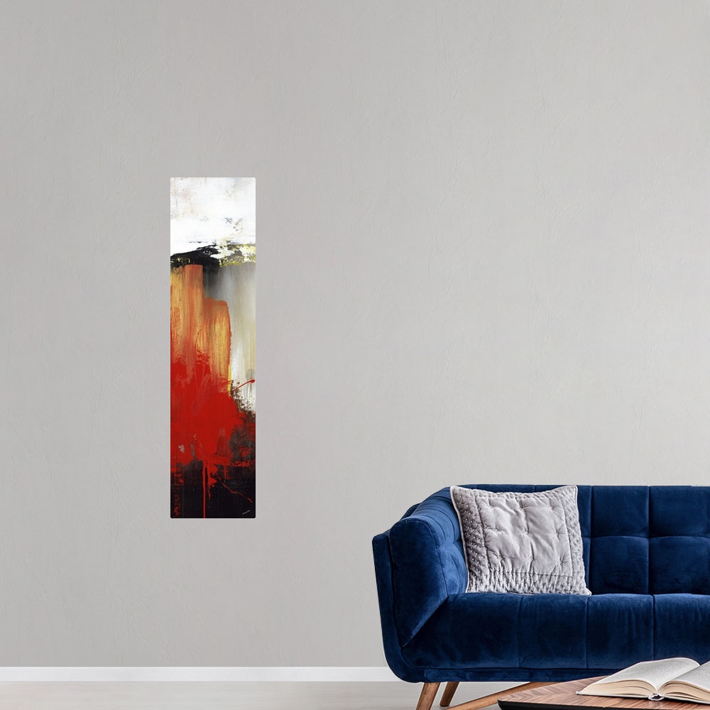 A modern room featuring Large vertical abstract painting with bold strokes of paint in orange, red and black.